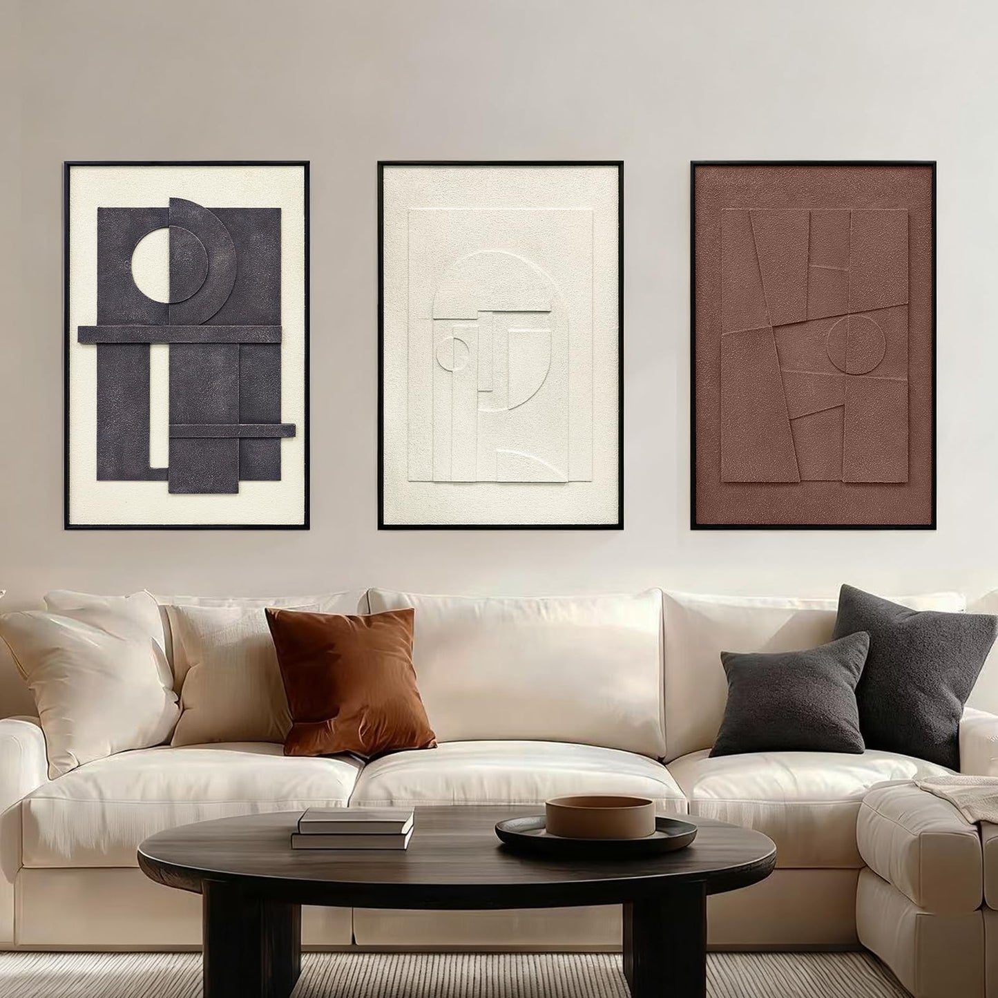 3D Textured Framed Wall Art, 3 Piece Neutral Artwork for Walls, Modern Minimalist Wall Paintings, White Black Geometric Texture Wall Decor for Living Room, Hallway, Office, 16x24In