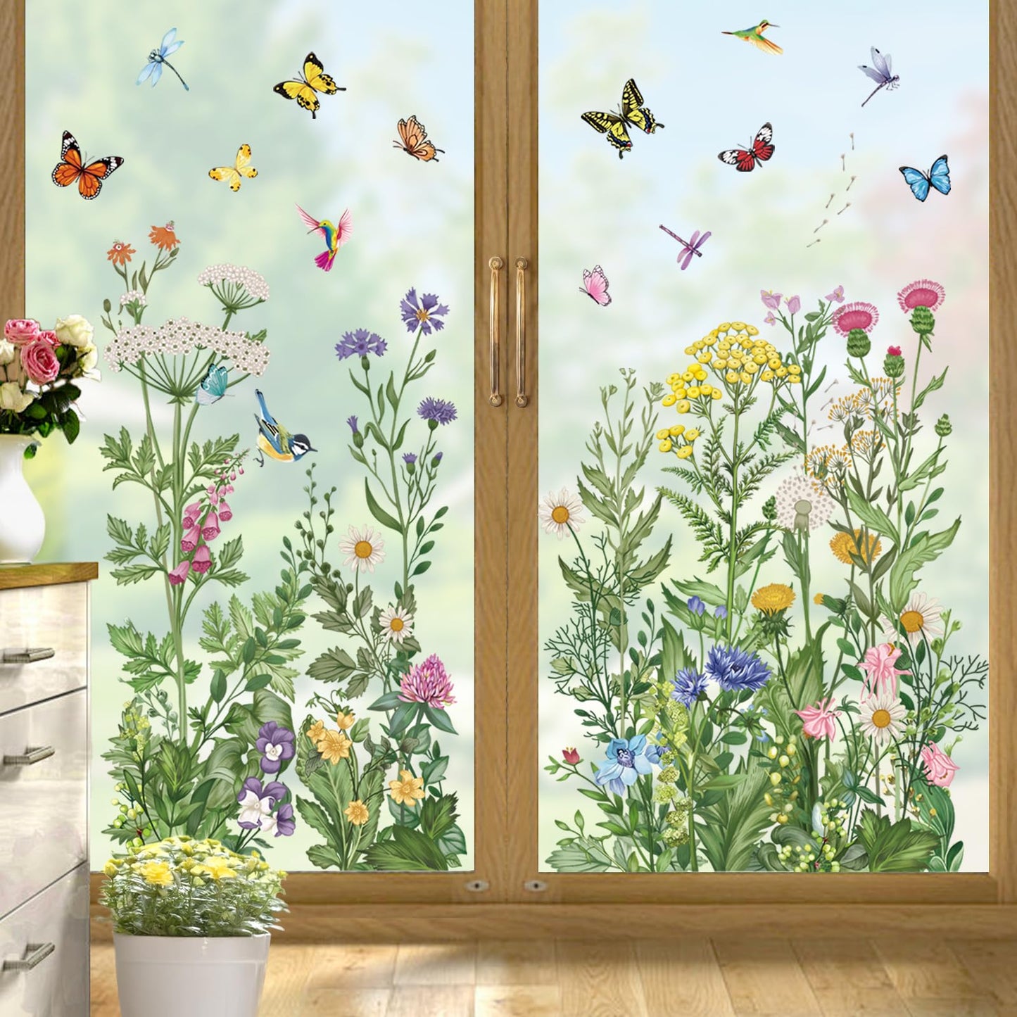 wondever Spring Summer Wild Flowers Window Clings Vintage Wildfloral Butterflies Glass Sticker Decal Anti Collision Double-Side Static Window Stickers for Home Glass Window