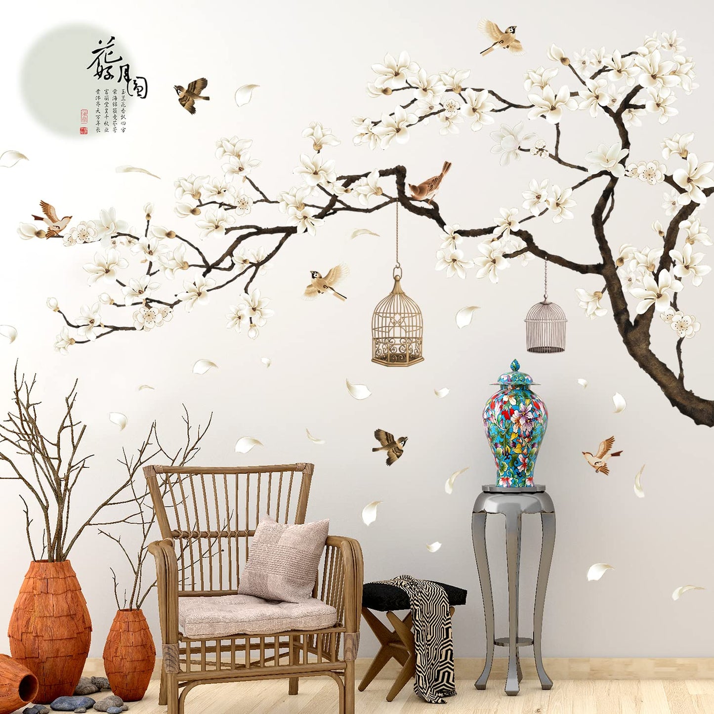 Chinese Style White Flowers Black Tree and Flying Birds Wall Stickers Removable DIY Wall Art Decor Decals Murals for Offices Home Walls Bedroom Study Room Wall Decaoration, 50inchx74inch
