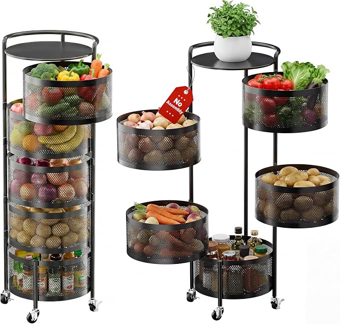 JAQ No Assembly 5-Tier Kitchen Storage Cart with Wheels, Rotating Produce Organizer for Onion, Potato & Vegetable Storage, Large Capacity Pantry Storage Rack, Black