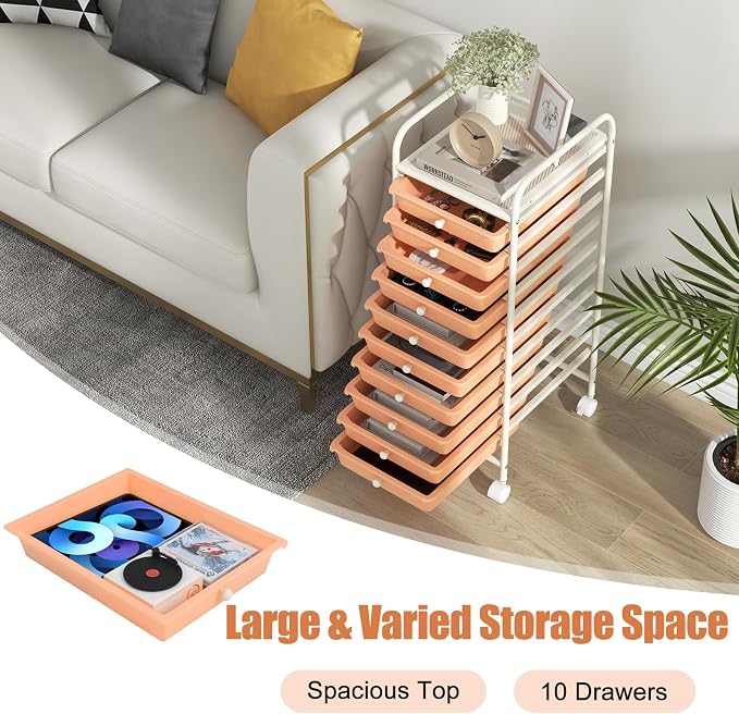 MEDIMALL 10 Drawers Rolling Storage Cart, Multipurpose Craft Storage Cart with Wheels, Mobile Tools Scrapbook Paper Organizer Cart for Office School Home Use