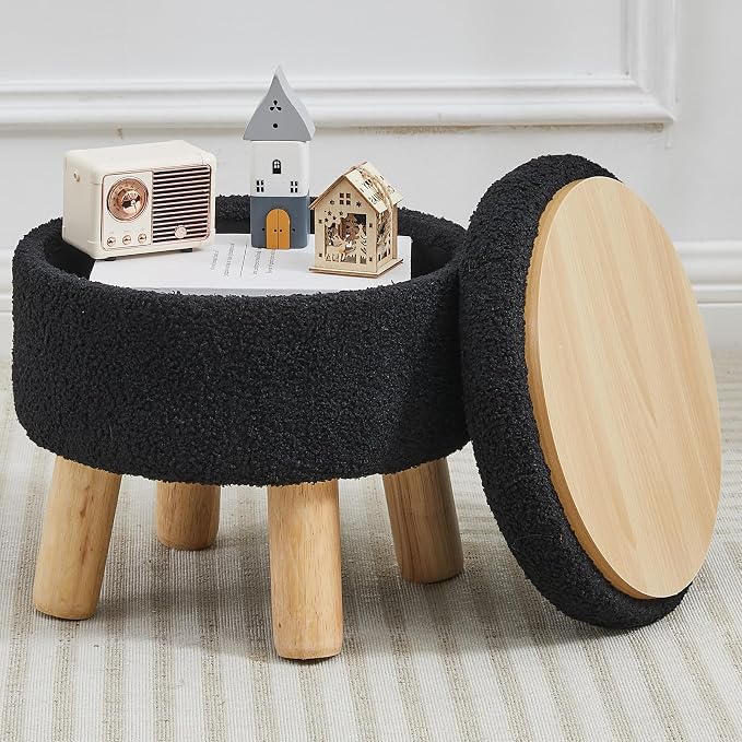 Small Foot Stool Ottoman with Storage, Sherpa Ottoman Foot Rest for Couch, Round Footstool with Storage, Small Ottomans and Footstools for Living Room and Entryway (Black)
