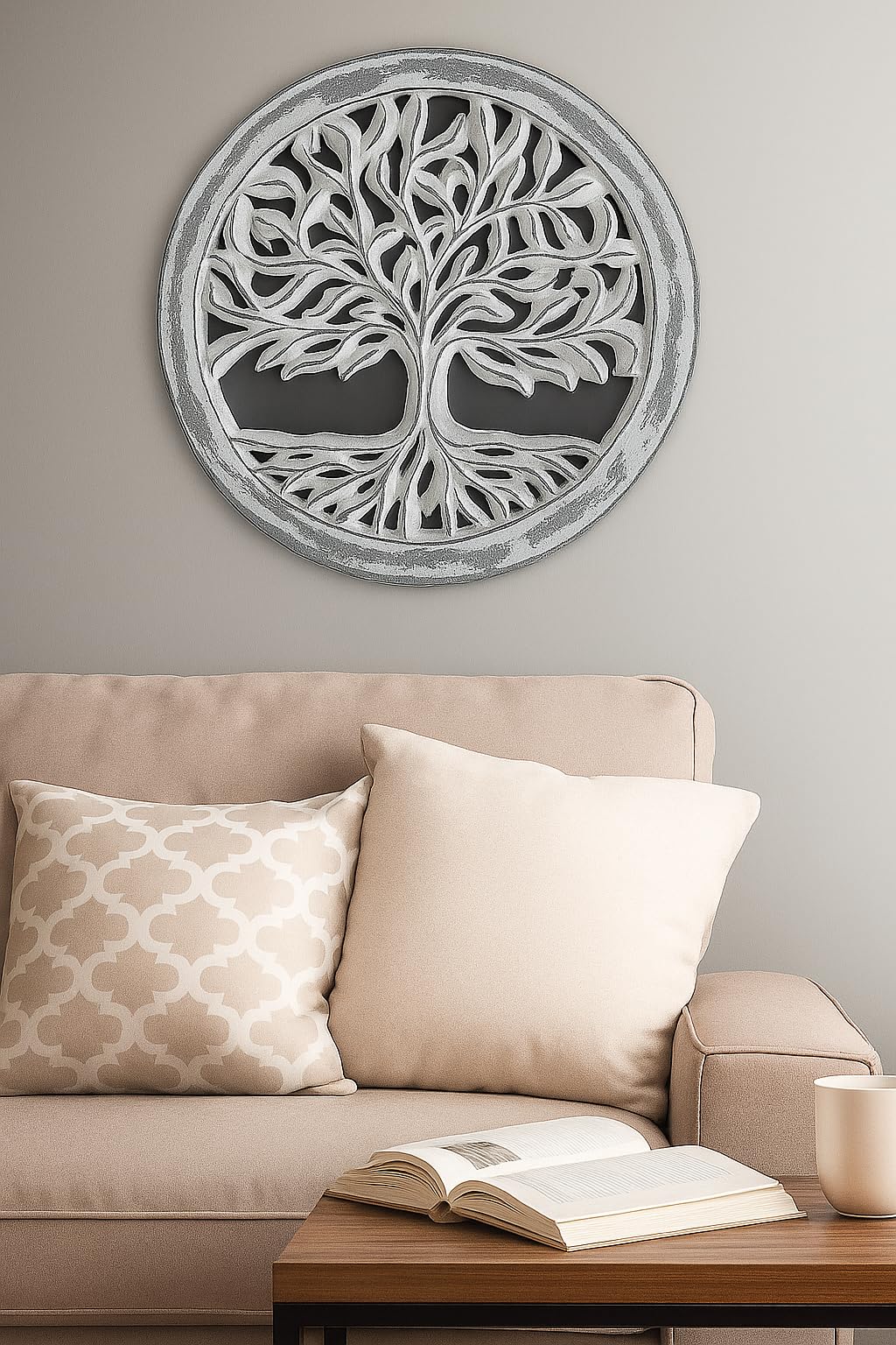 Wooden White Wash Tree of Life Wall Art Panel – 12 Inch Round Wood Carved Wall Hanging Sculpture | Indoor Outdoor Tree of Life Altar Panel Home & Office Wall Décor