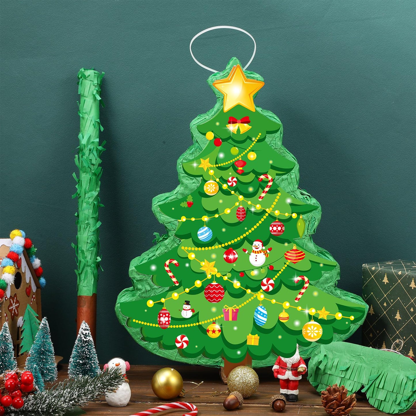 Christmas Tree Piñata 16 Inch Christmas Mexican Piñata with Stick Blindfold Xmas Piñatas Bundle for Xmas Birthday Holiday Game Favors Photo Prop Decoration