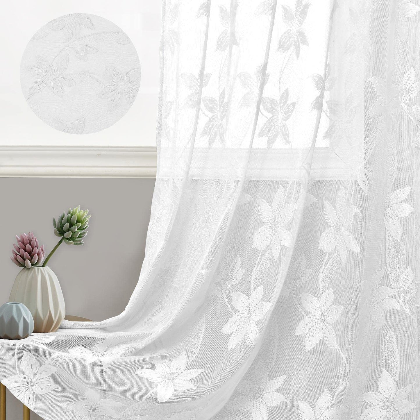 DWCN White Floral Lace Sheer Curtains - Rod Pocket Window Voile Sheer Drapes for Bedroom Kitchen Short Curtains 52 x 45 inch Length, Set of 2 Curtain Panels