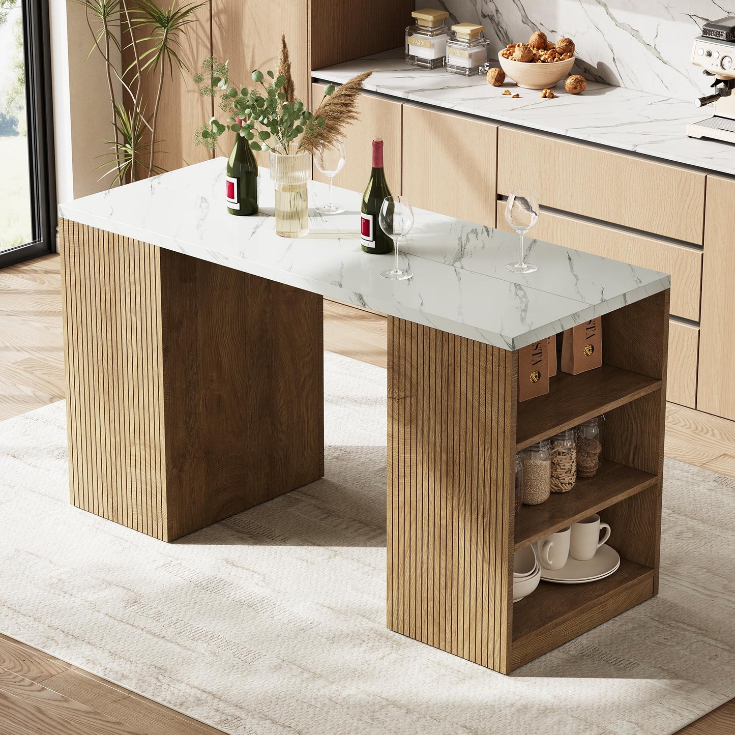LITTLE TREE 62.99” Kitchen Island with Storage, 6-Tier Modern Kitchen Island Table with a Faux Marble Tabletop, Large Coffee Bar Table Storage Cabinet for Dining Room, White&Brown