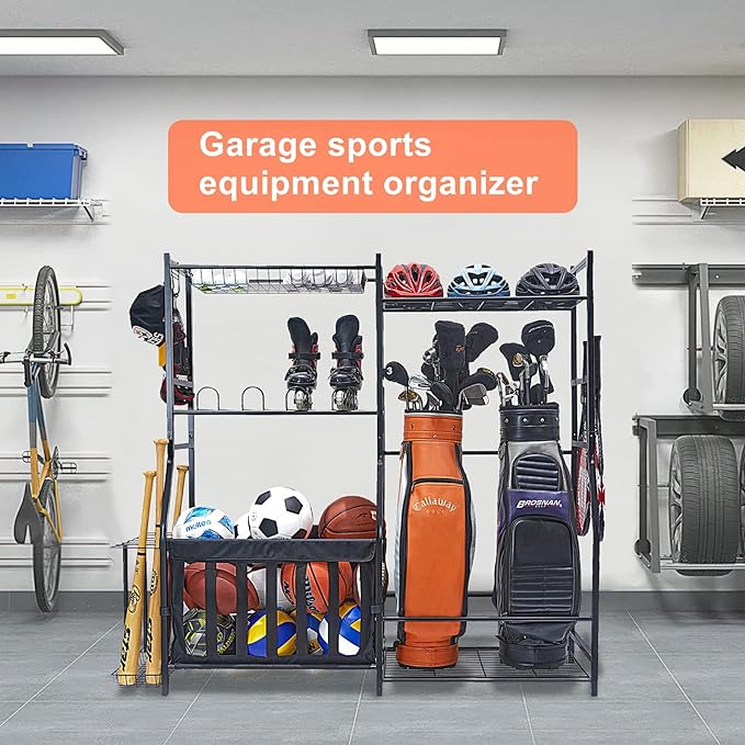 WALMANN Garage Sports Equipment Organizer, Golf Bag Stand for Garage Ball Storage Rack Indoor/Outdoor Kids Toys Storage Organizer Bins, Ball Holder with Baskets