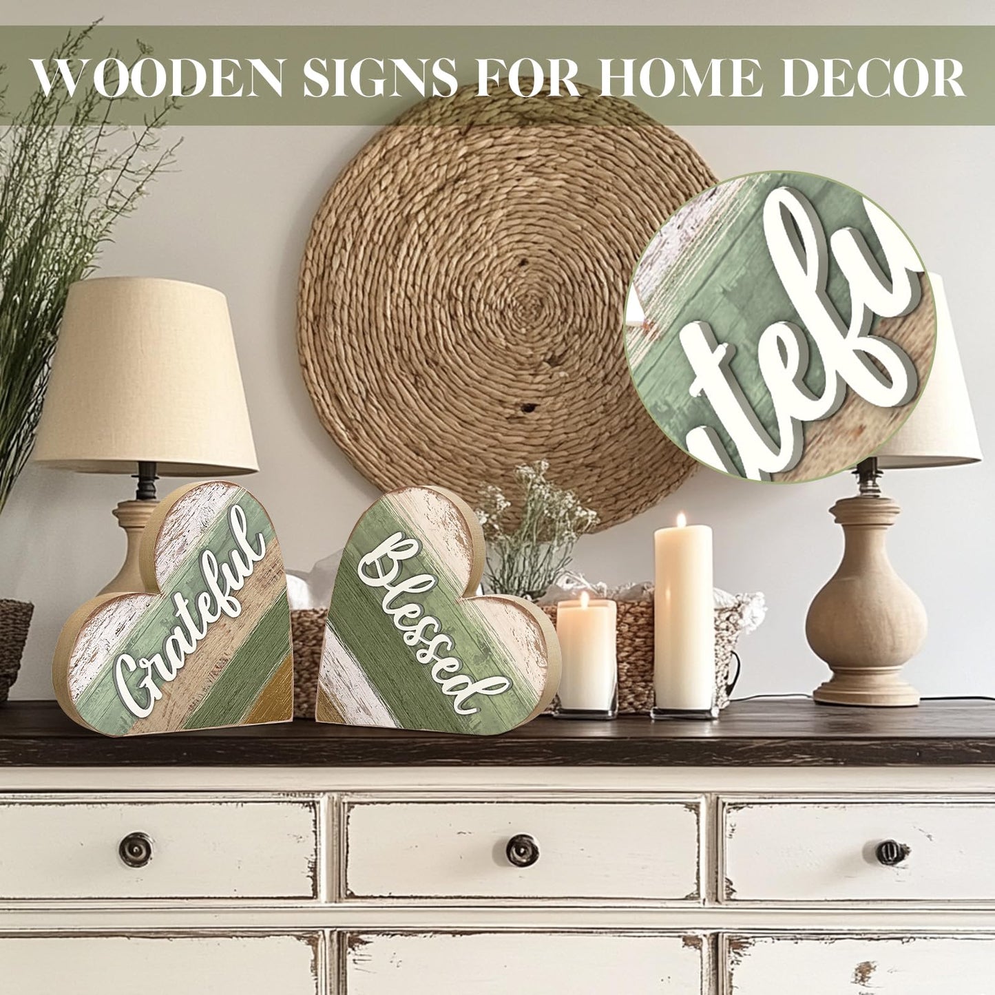 Jetec 2 Pcs Rustic Wooden Heart Table Decor, Daisy Farmhouse Home Decor, Bless This Home & Be Kind Sign for Living Room, Dining Room, Shelf & Mantel, Ideal Housewarming & Birthday Gift(Blessed Style)