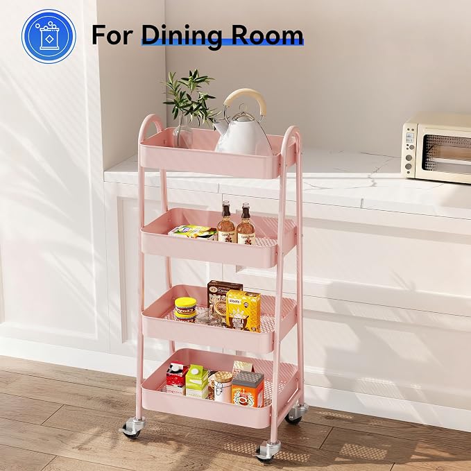 OLIXIS Metal 4 Tiers Utility Rolling Cart, Mobile Storage Shelf with Lockable Caster Wheels, Organization for Livingroom, Bathroom & Narrow Places, 4-Tier Pink