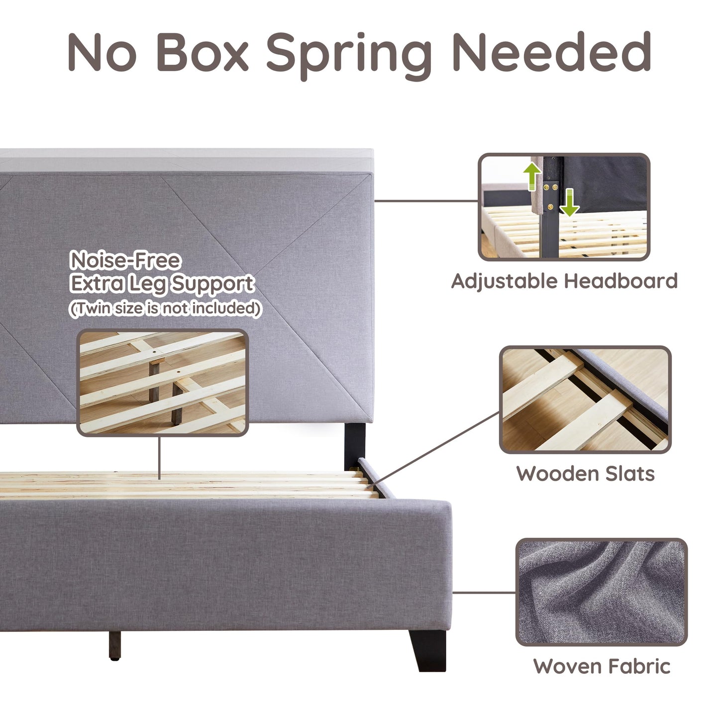 Livinia Stella Full Size Platform Bed, Fabric Upholstered Full Bed Frame with Height Adjustable Headboard Footboard, Strong Wood Slats, No Box Spring Needed, Gray