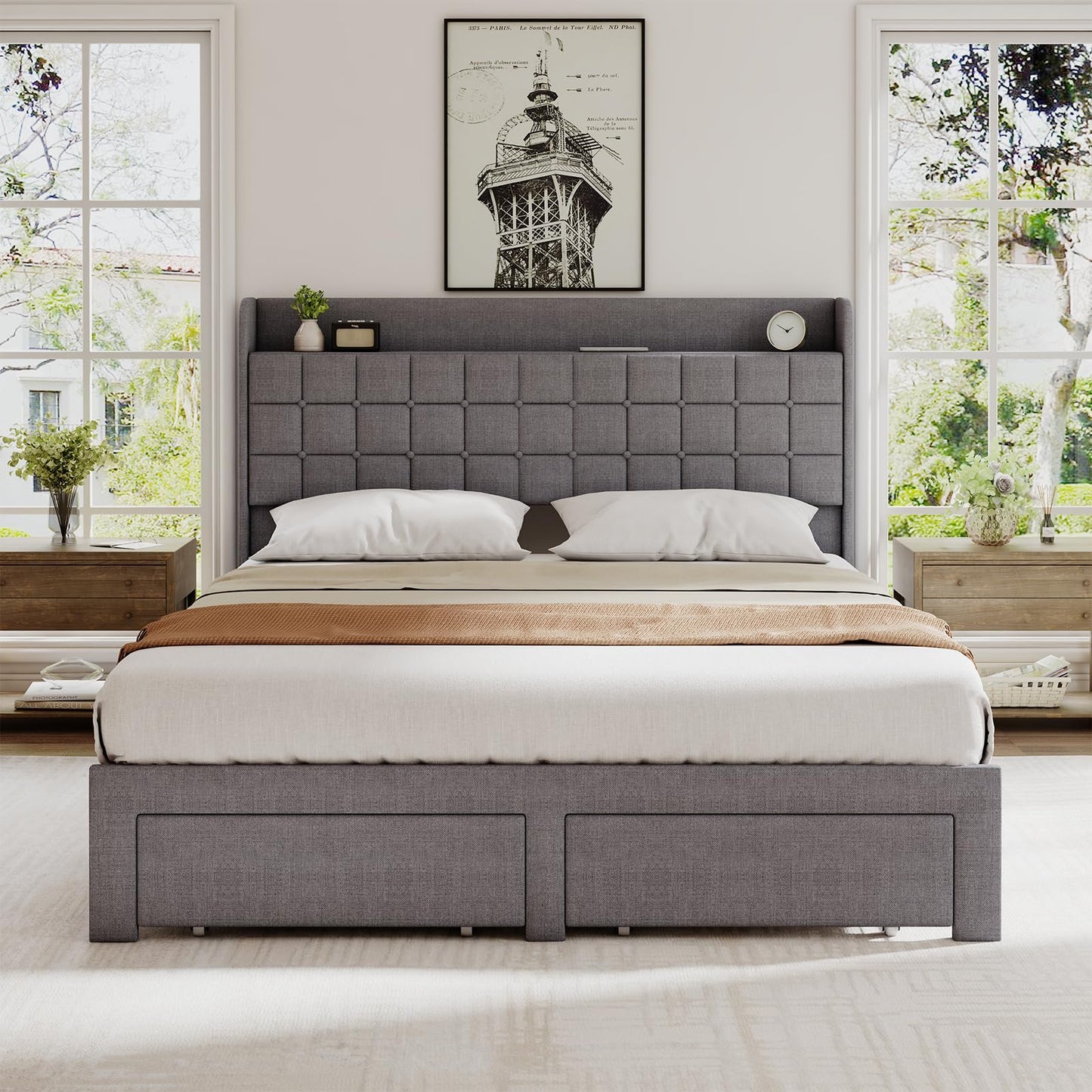 HAPPYMONT Queen Size Upholstered Bed Frame with Storage Drawers, Platform Bed with Fabric Headboard, Wooden Slats Support, No Box Spring Needed, Easy Assembly, Gray