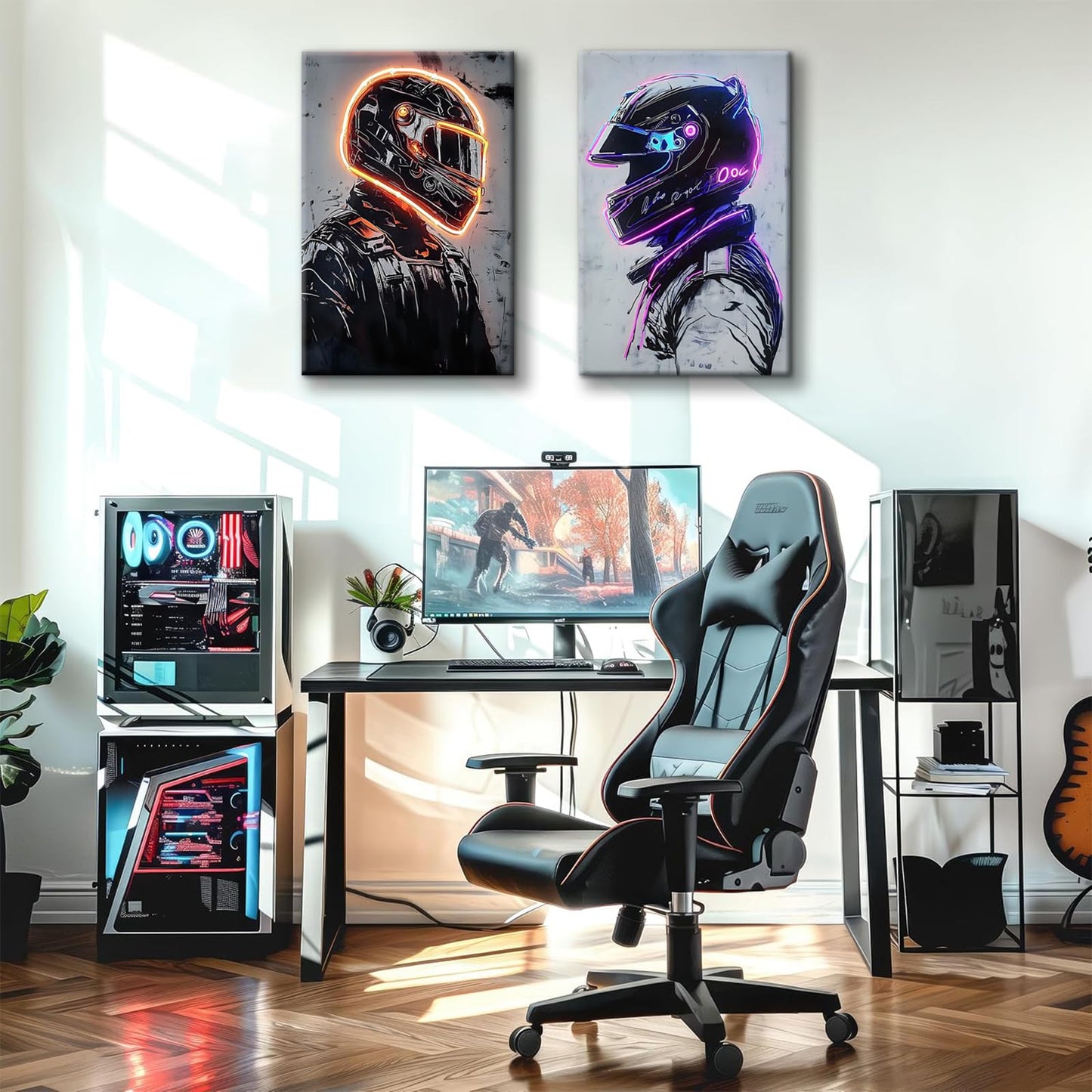 2 Pieces Neon Race Car Driver Canvas Wall Art Racing Helmet Wall Decor Boys Room Poster Prints Esports Room Paintings Pictures for Living Room Bedroom Ready to Hang (12x16in Canvas)