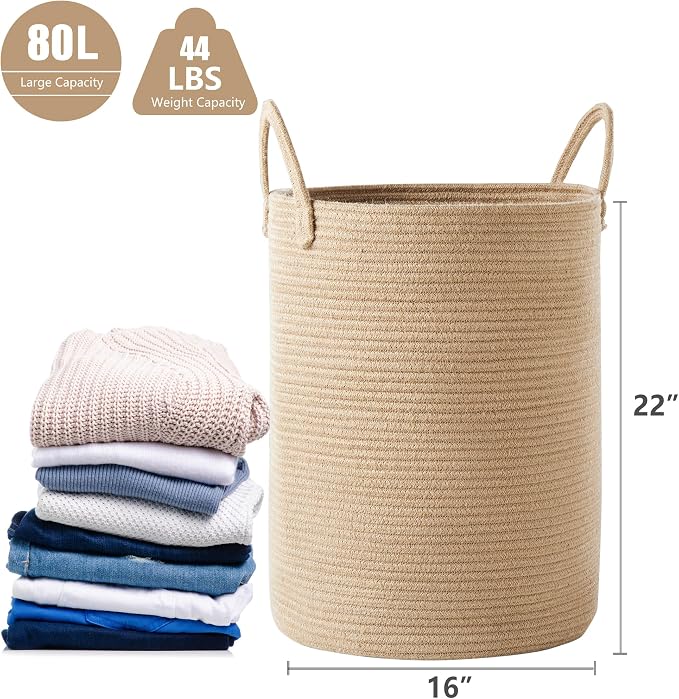 80L Extra Large Jute Laundry Hamper Tall Woven Laudnry Basket Wicker Rope Clothes Hamper Boho Blanket Basket in Living Room Bedroom 16"D x 22"H