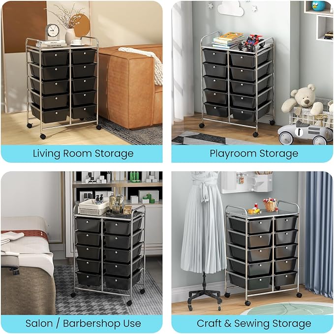 Giantex 10 Drawers Rolling Cart, Classroom Organizers, Storage Cart with Wheels, for Teacher Office Home School Supplies Tool Craft Art Paper, Black