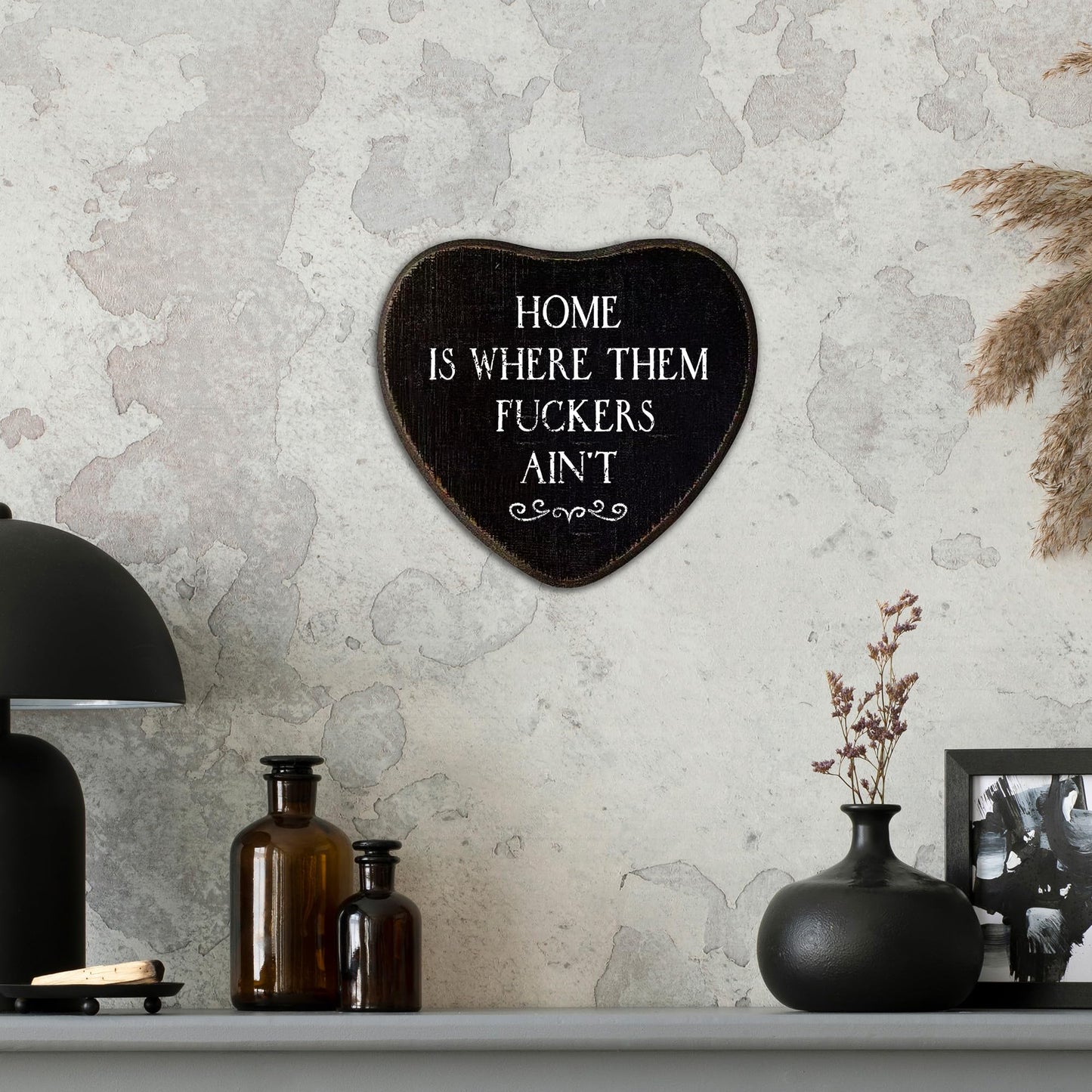 Funny Gothic Wall Decor - Home Is Where The Fuckers Ain't Black Wood Heart Wall Art Decor - Black Humor Goth Home Deco For Bedroom, Bathroom, Kitchen, Goth Gift For Women Men(6 X 5.5 Inch)-A01