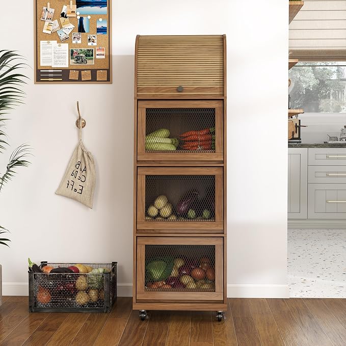 4 Tier Large Potato Storage Bin, Tall Wood Potato and Onion Storage Bin with Wheel, Movable Fruit and Vegetable Basket, Food Small Kitchen Pantry Cabinet, Wooden Bread Box, Walnut, Sliding Door