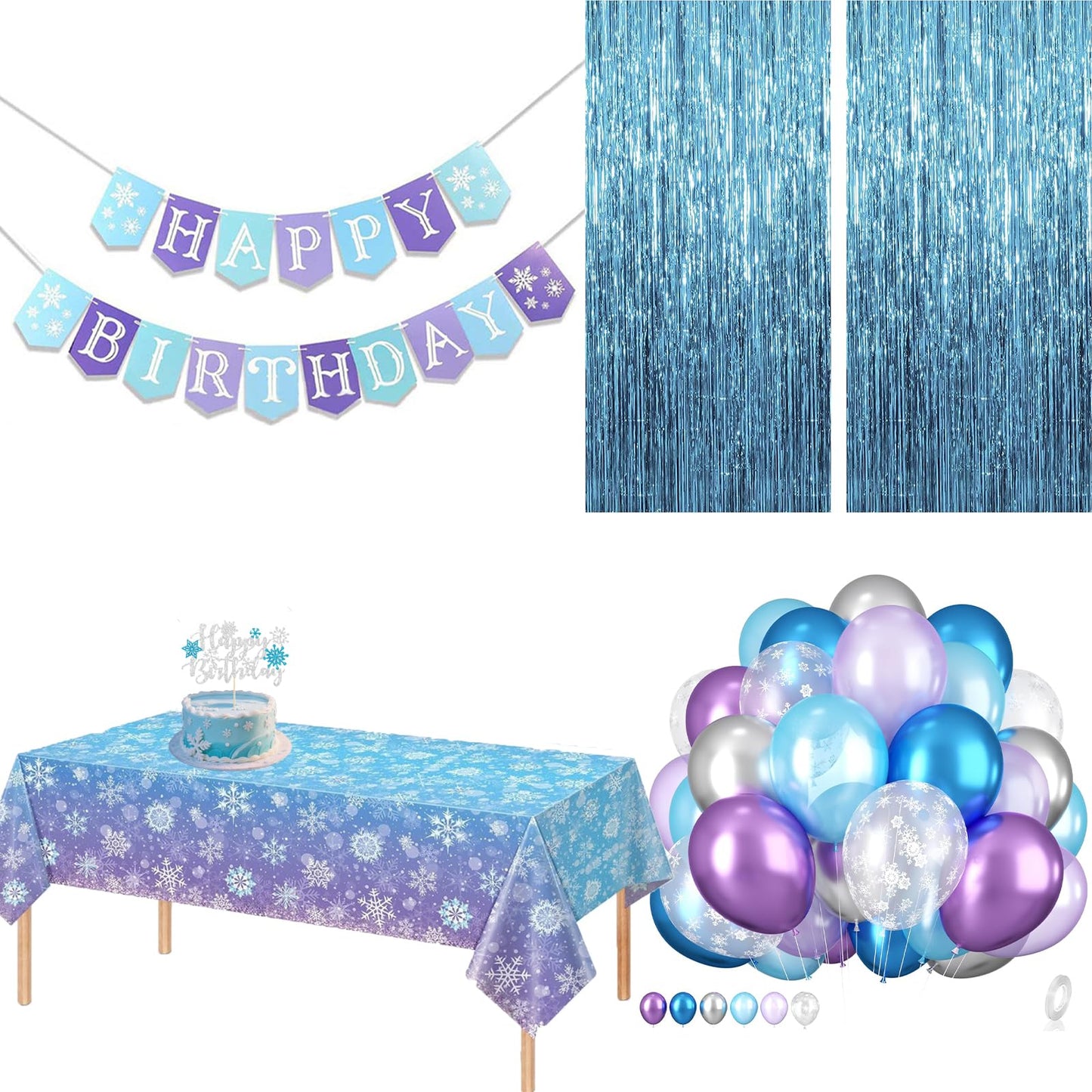 Jaciya Frozen Birthday Party Decorations Kit - Snowflake Balloons, Tablecloth, Backdrop, Cake Toppers & Happy Birthday Banner