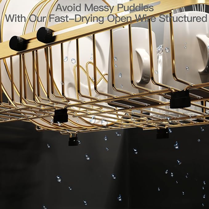MAJALiS Gold Dish Drying Rack Over The Sink with Utensil Holder, Mat | Expandable Stainless Steel Dish Drainer for Small Kitchen, Apartment, RV, Counter Space Saving, Perfect Fit, Rustproof