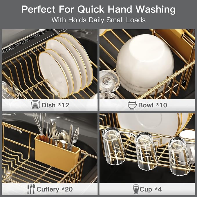 MAJALiS Gold Dish Drying Rack Over The Sink with Utensil Holder, Mat | Expandable Stainless Steel Dish Drainer for Small Kitchen, Apartment, RV, Counter Space Saving, Perfect Fit, Rustproof