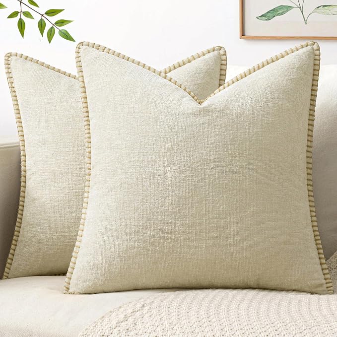 MIULEE Pack of 2 Pillow Covers 20x20 Inch Cream White Farmhouse Decorative Throw Pillow Covers with Stitched Edge Soft Chenille Solid Dyed Couch Pillow Covers for Sofa Bed Living Room