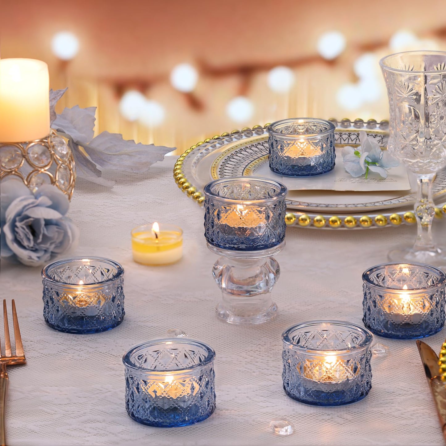 MATAHUM 24 Pack Blue Tealight Candle Holders, Diamond Glass Votive Candle Holders Bulk for Wedding Centerpieces, Beach Theme Bridal Shower, Baby Boy Shower, Birthday Party Decor