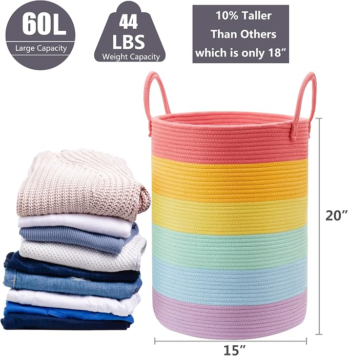 Rainbow 15"Dx20"H Baby Girls Kids Laundry Hamper Basket for Nursery Toddler Clothes Blanket Toy Storage Woven Rope Unicorn Hamper in Playroom Bedroom 60L Large