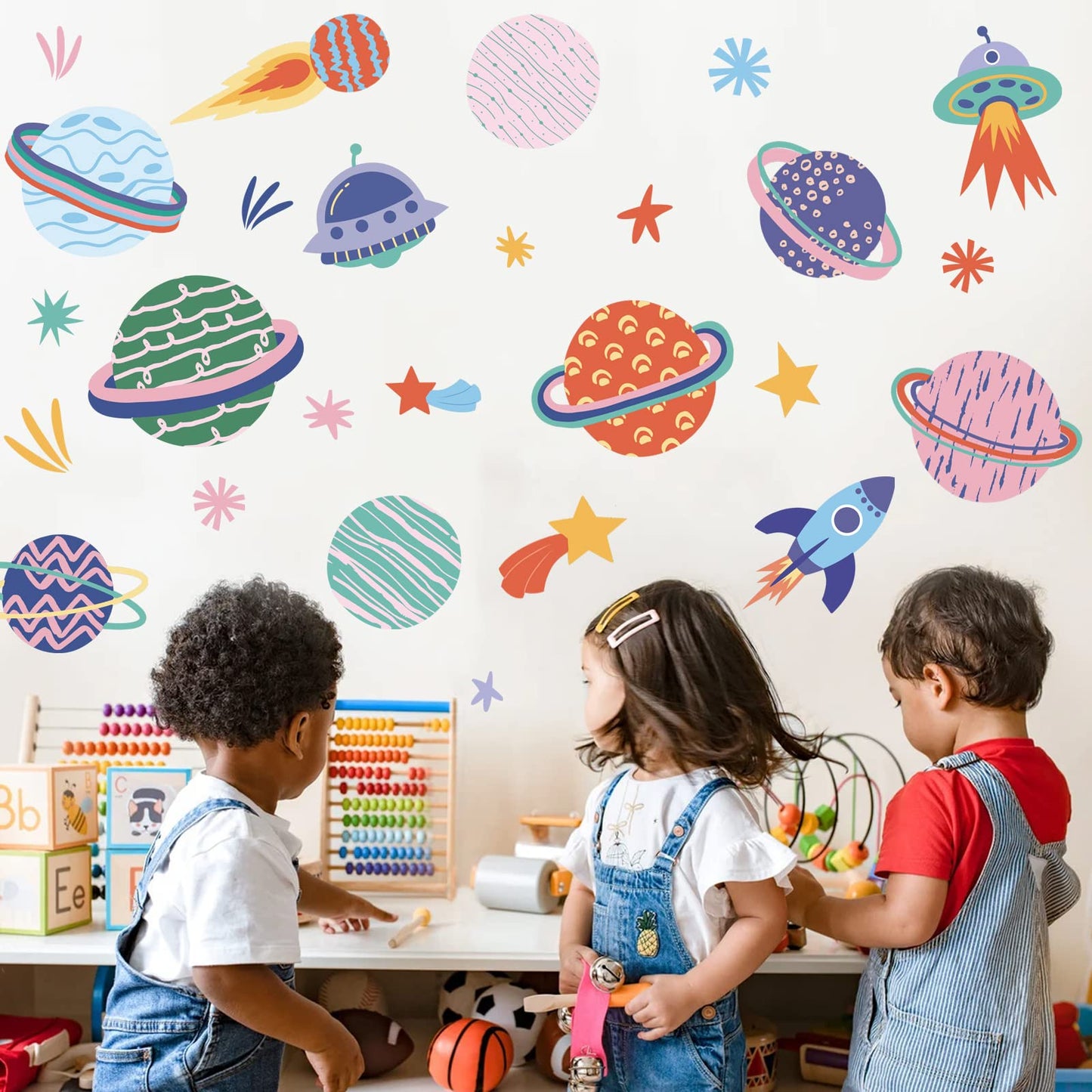 Solar System Galaxy Space Wall Decals Peel and Stick - Rocket Spaceship Star Planets Wall Stickers Removable Vinyl Decals - Aerospace Outer Space Wall Decor for Nursery Playroom Boys Bedroom Kids Room