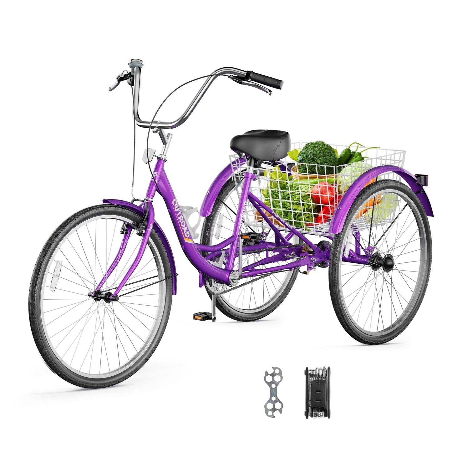MarKnig 1 Speed Adult Tricycle, 3 Wheel Bikes with Large Basket, Cruiser Bike for Women/Men/Seniors, Adult Trike for Outdoor/Shopping/Recreation/Picnic(24Inch Purple)
