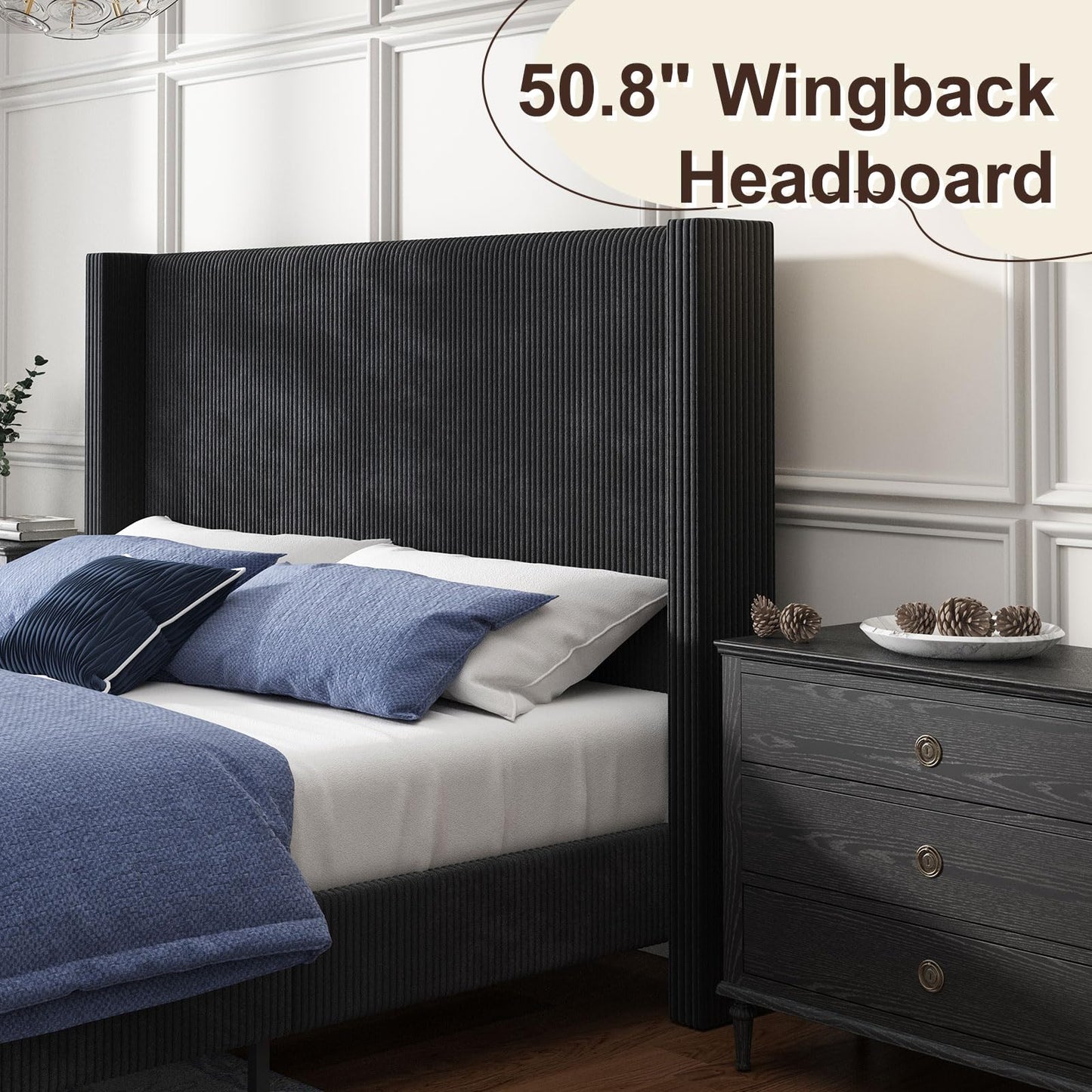 HOWE California King Bed Frame with 50.8" Tall Wingback Headboard, Modern Corduroy Upholstered Platform Bed Frame with Solid Wood Slats & Legs, No Box Spring Needed, Noise-Reducing Design, Black