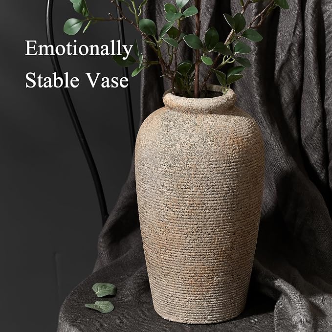 Emotionally Grounded Vase, Vaseking Large Ceramic Rustic Vase, 11 inch Minimalist Decorative Farmhouse Tall Vases for Home Decor, Living Room, Enterway, Table Decoration, Brown