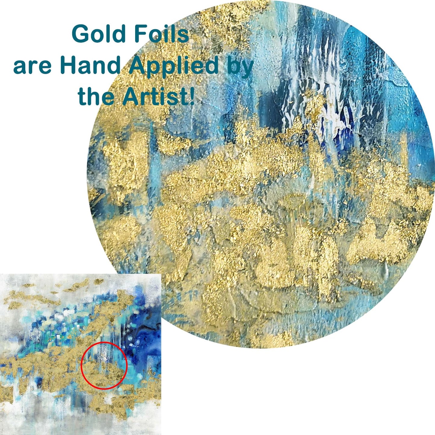 Abstract Modern Canvas Wall Art Painting: Blue Artwork Gold Foil Painted Picture White Grey Background Print for Office Home Living Room Wall Decor（12‘’x12'')