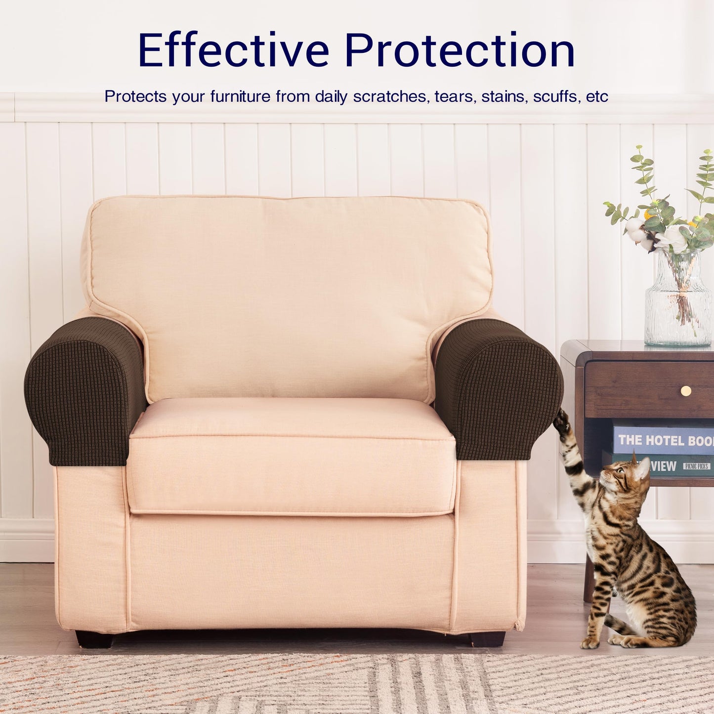 SUBRTEX Stretch Couch Arm Covers Set of 2, Checkered Sofa Arm Slipcovers, Anti-Slip Armrest Covers for Recliner and Armchairs, Pet Proof, High Stretchy, Hook & Loop Tape, Chocolate