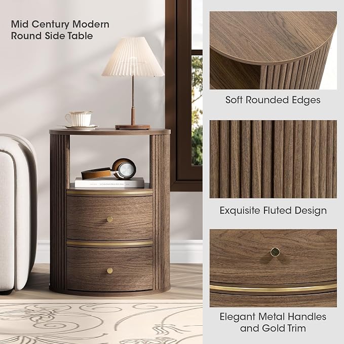 JOINICE Round Coffee Table and End Table Set,31.5" Mid Century Modern Living Room Furniture, Walnut Fluted Center Table with Storage & Matching Side Table for Small Space