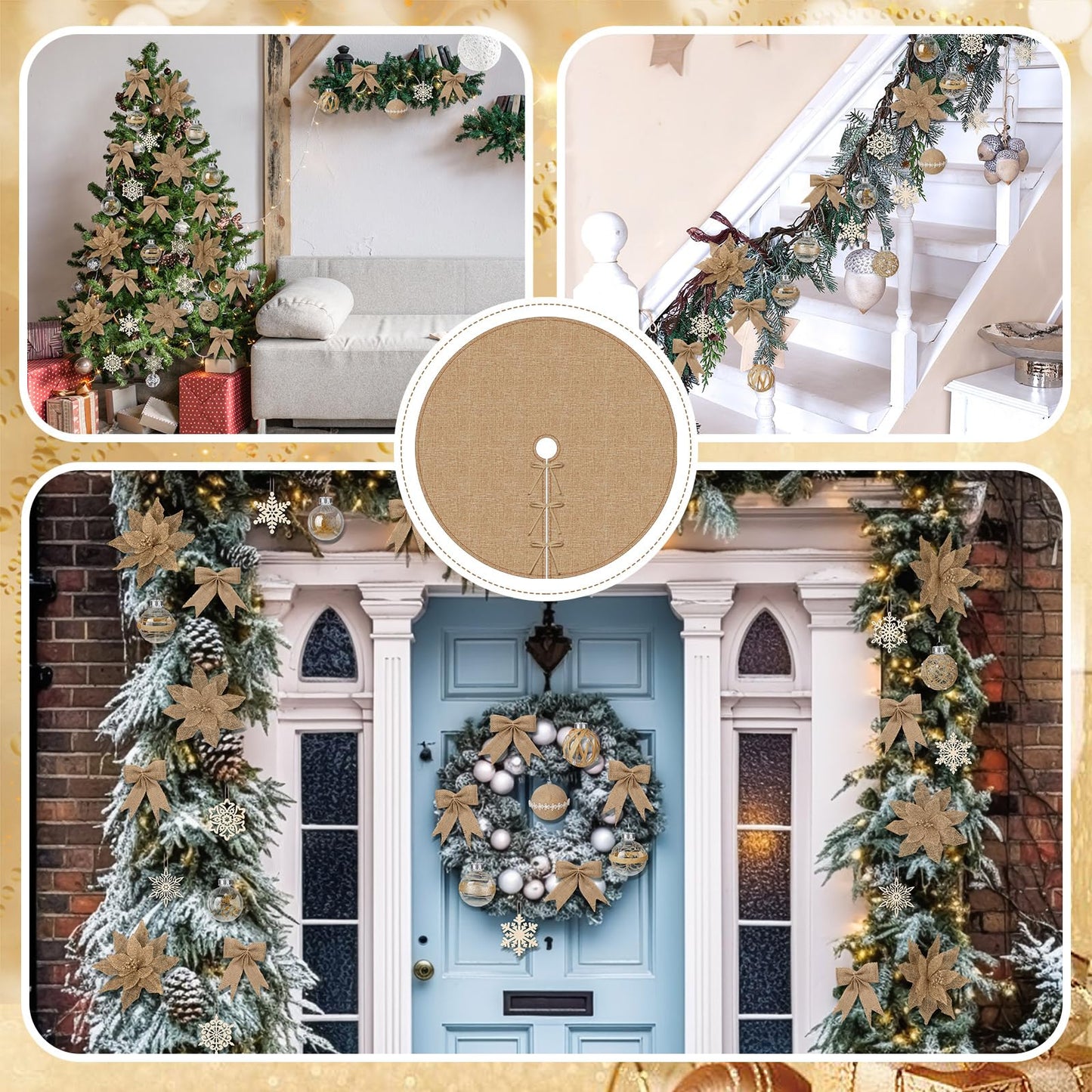 Soulchen Boho Christmas Tree Ornaments Set-40 Pcs Burlap Christmas Tree Decorations Jute Rustic Neutral Skirt Topper Bows Ball Poinsettia Snowflake Hanging Ornament Bulk for Farmhouse Xmas Party Decor