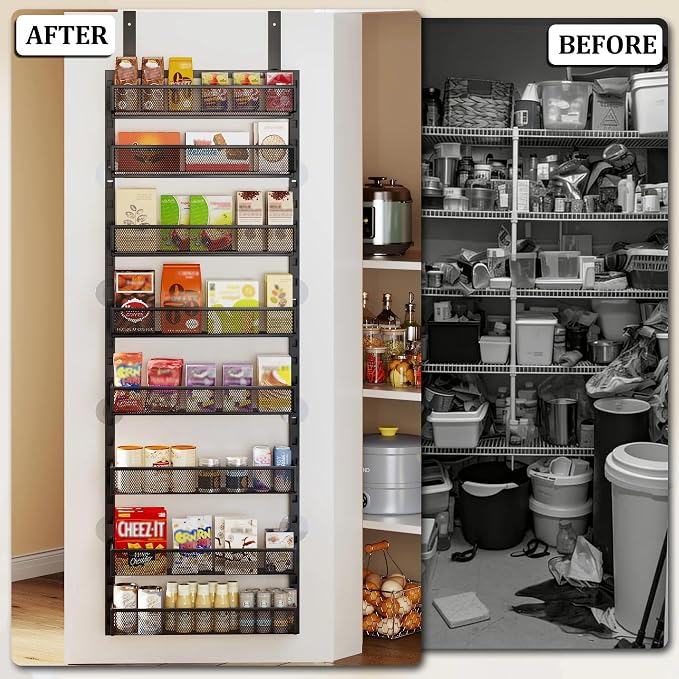 Over the Door Pantry Organizer, 8-Tier Over the Door Spice Rack with Adjustable Baskets, Wall-Mounted or Hanging Shelves for Kitchen, Laundry Room, Bathroom(Black, 16.65"W x 5.2"D x 72.6"H)