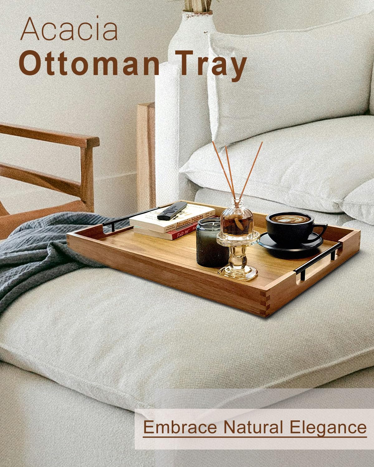 OurMiao 22 Inches Acacia Wood Serving Tray with Metal Handles, Large Wooden Rectangle Ottoman Tray, Decorative and Durable Design for Living Room Coffee Table Couch Kitchen