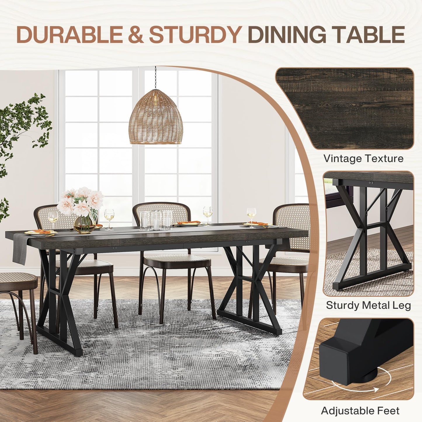 Tribesigns Farmhouse Dining Table for 6 People, 70.8-Inch Rectangular Wood Dining Table, Rustic Kitchen Table with Heavy Duty Metal Legs for Dining Room (Black, 70.8 Inch)