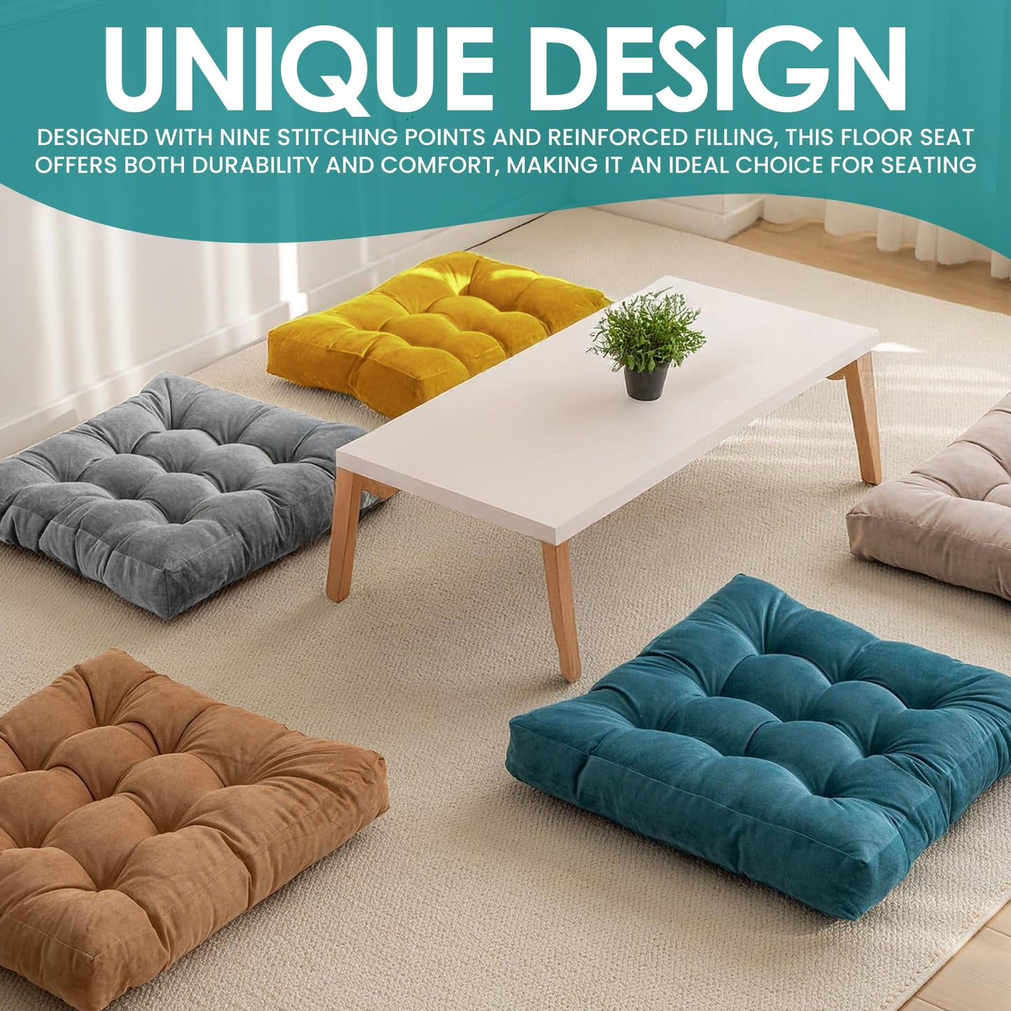 NEST & LOOM Floor Cushions - Large Square Tufted Floor Pillow, Meditation Cushion, Floor Chair Pillow for Seating & Lounging - Soft & Supportive, Brown - 21.65" x 21.65"