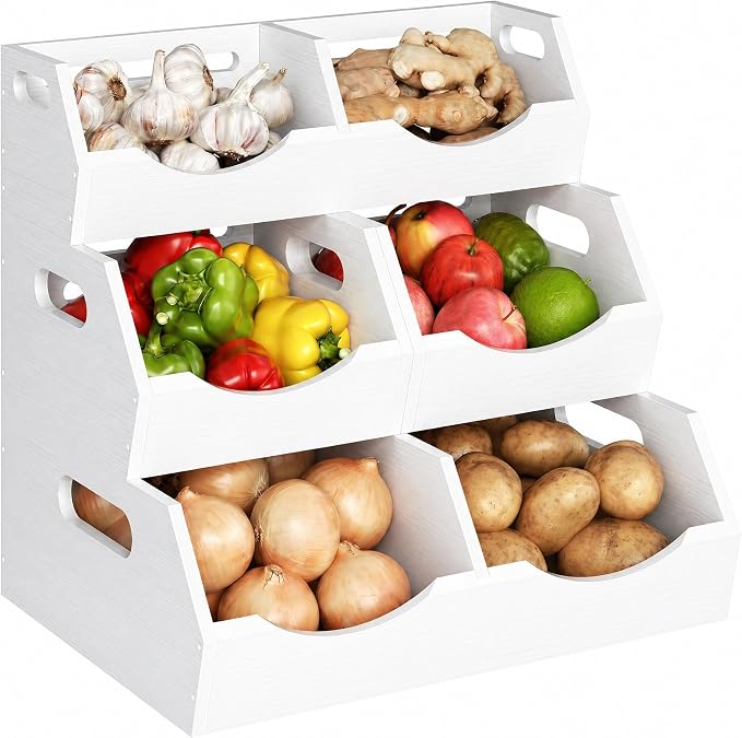 Potato and Onion Storage Bin, 3 Tier Bamboo Kitchen Storage Rack, Stackable Ventilated Pantry Organizer with Handles for Garlic Peppers Vegetables, Countertop Produce Bins, White(Assembly Required)