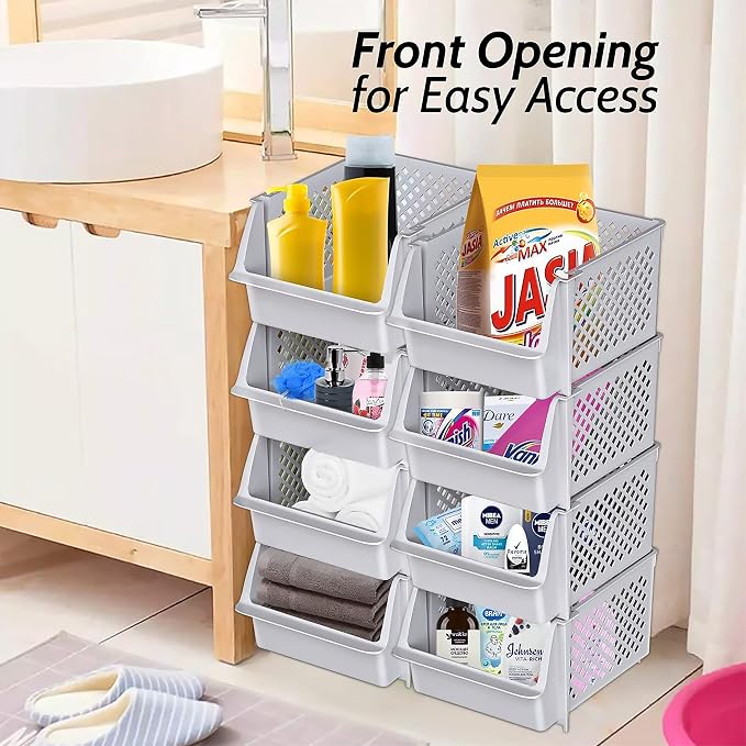 Stackable Storage Bins Open Front for Pantry Storage, 4 Pack - Light Grey | Sturdy Plastic, Easy Stacking, Open Front Access, Ventilated Sides, Vertical & Space Saving Pantry Organizers and Storage Bin