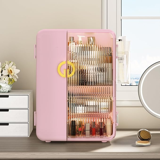 SEE SPRING Makeup Organizer for Vanity, Large Capacity Skincare Organizers and Storage with Drawers, Dustproof Cosmetic Display Case for Bathroom Countertop, Trendy Teen Girl Gifts, Pink