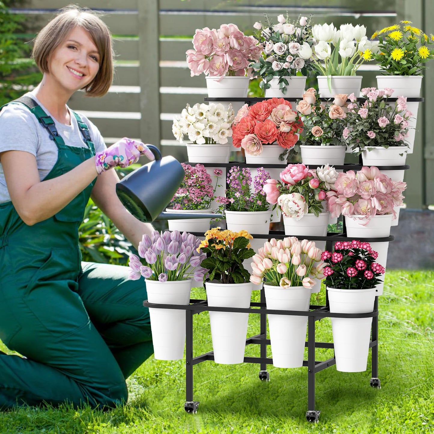 YAGEANNL 4 Tier Flower Display Stand, Metal Flower Bar Stand for Fresh Flowers Without 16pcs Buckets, Heavy Duty Garden Flower Cart Display Stand with Wheels