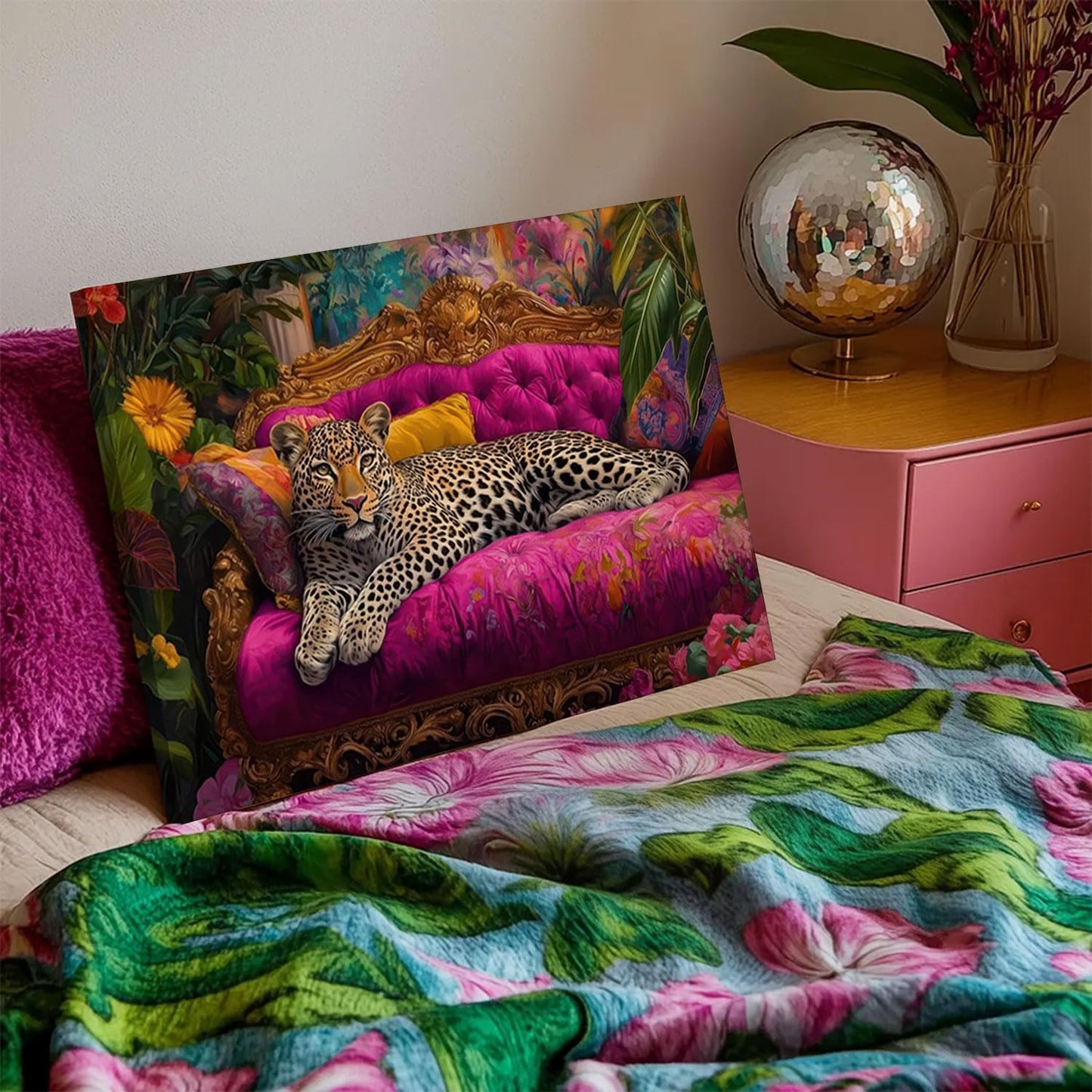 Cheetah Lying On Pink Sofa Canvas Wall Art Eclectic Leopard Wall Decor Pictures Maximalist Animal Portrait Poster Prints for Living Room Home Bedroom Home Decoration 12x16in Ready to Hang