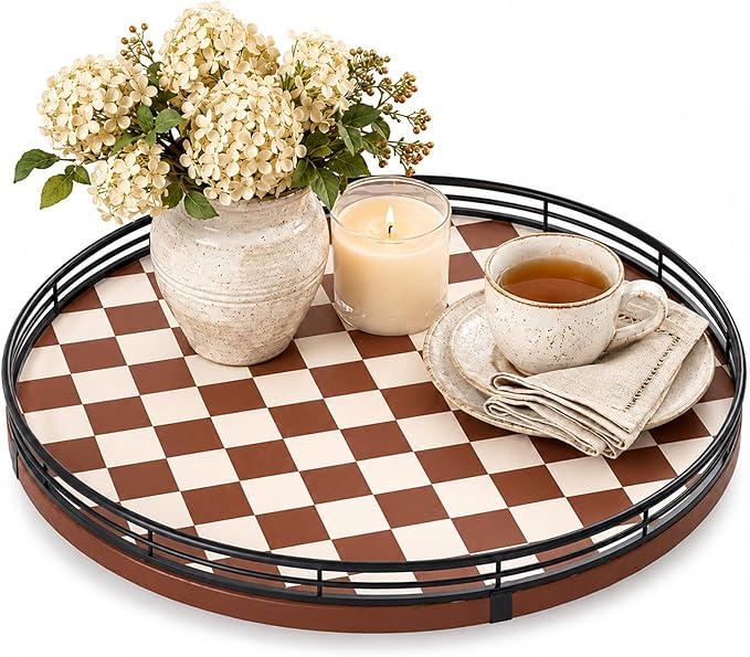 Brown Checkered Lazy Susan Tray, 13 Inch Large Rotating Serving Tray with Black Metal Rail, Round Wood Turntable for Dining Table Centerpiece, Coffee Table Decor and Entertaining