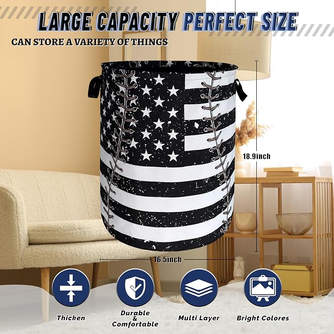 Baseball Textures Laundry Basket Foldable Oxford Cloth American Flag Laundry Hamper With Handle Portable Clothes Storage Organizer Basket 18.9X16.5 Inch Storage Bag For Laundry Room/Bathroom/Bedroom
