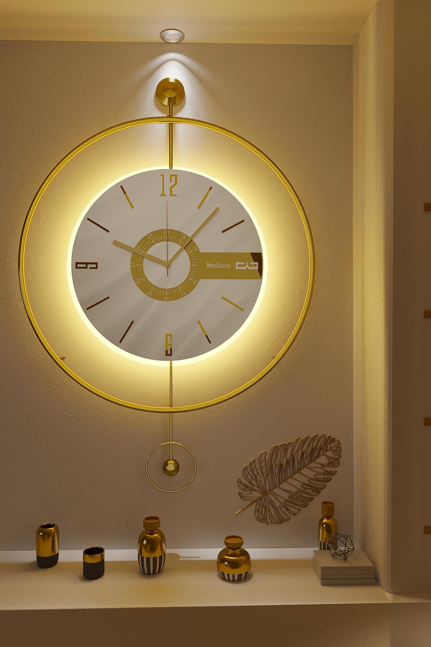 FUNTLY Large Luxury LED Backlit Wall Clock – Pendulum Roman Numeral Metal Ring, Silent Non-Ticking Decorative Clock for Living Room Bedroom Entryway, Modern Halo Glow (Elit Gold)
