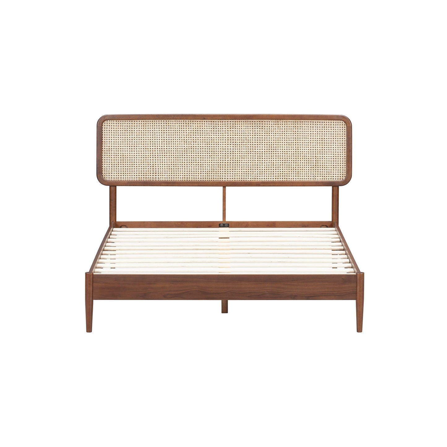 NTC Lupin Wooden Bed Frame with Headboard and Natural Rattan, Solid Oak/Rubber Wood Foundation with Silent Slats, 1000 Lb Capacity, Effortless Assembly (Natural Cane - Dark Walnut, Queen)