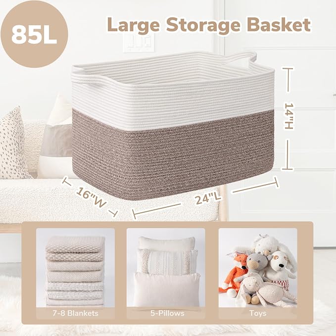 Goodpick 85L Large Woven Basket 23.6" x 15.7" x 13.8" Cotton Rope Storage Organizer for Blankets Dirty Clothes, Rectangle Toy Storage Basket for Nursery Home Decor, Brown