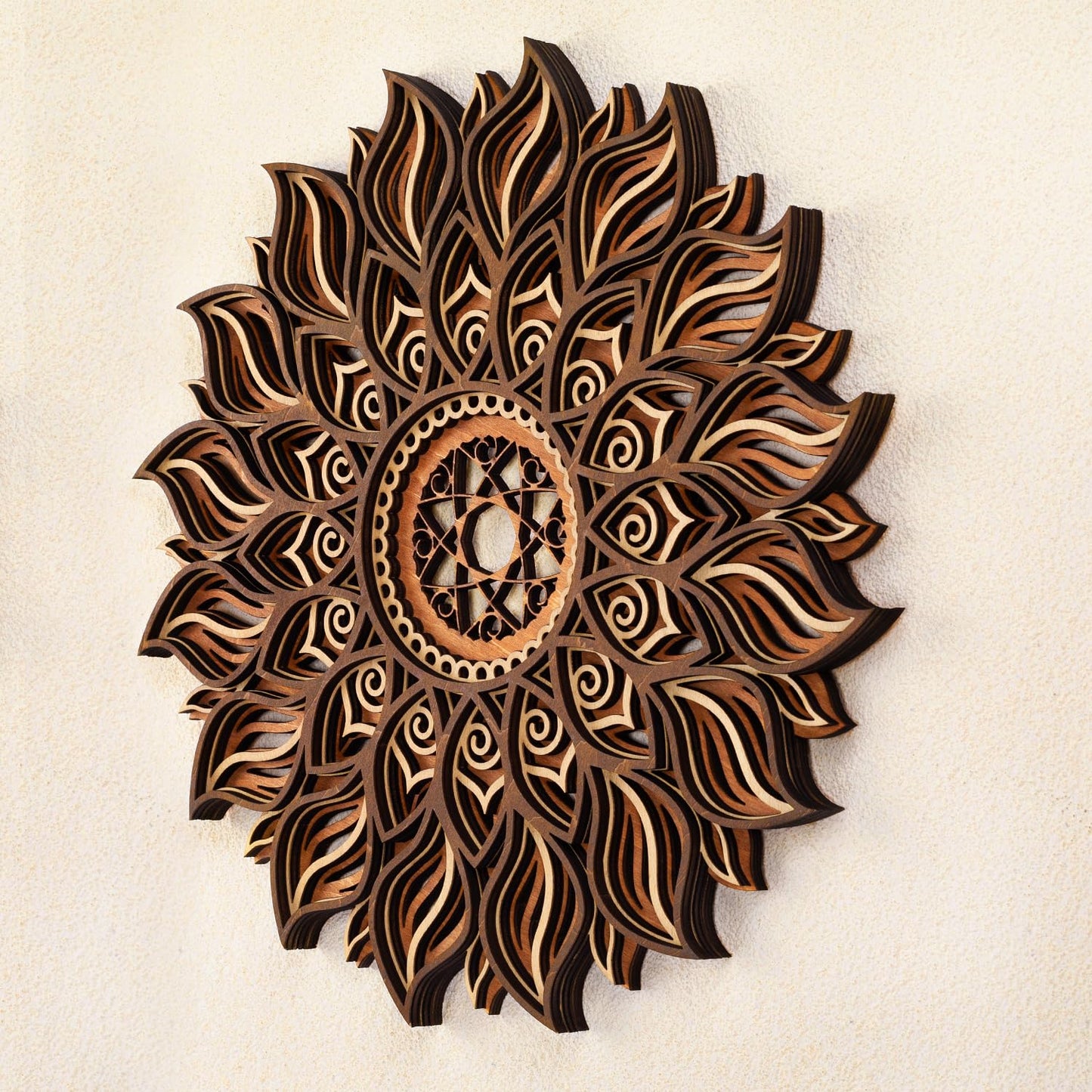 ADDMES 11.8 Inch Sun Wall Decor, Wooden Mandala Wall Art, Hollowed-out Sun Hanging Sign, Multi-layers Lotus Flower Wall Decor, Spiritual Room Decor for Bedroom, Living Room, Farmhouse Decor