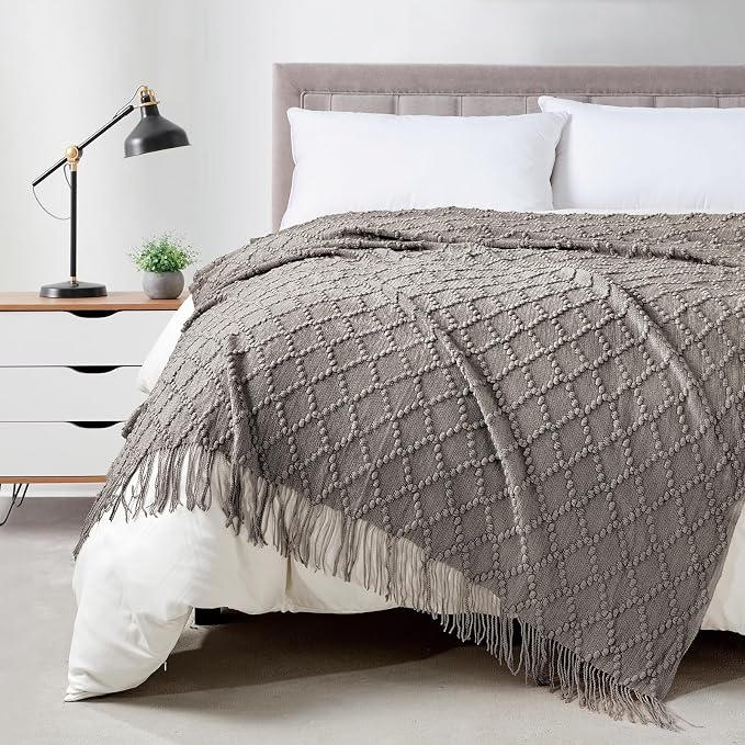 BOURINA Dark Grey Throw Blanket 50 x70 Inches Jacquard Argyle Throw Textured Solid Soft Throws and Blankets for Sofa or Bed Knitted Decorative Blanket